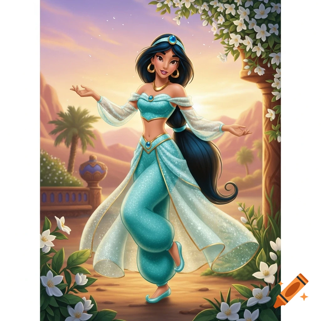Princess Jasmine in a shimmering teal outfit with long dark hair, stands with outstretched arms in a desert garden with white flowers at sunset, in an animated style.