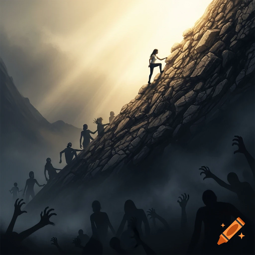 A woman climbs a steep, rocky hill towards a golden light, while shadowy figures with grasping hands emerge from a dark, foggy abyss below.