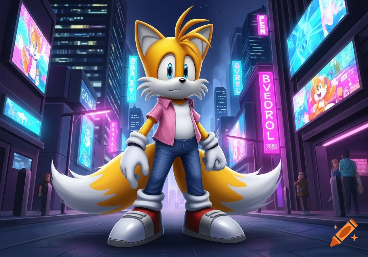 Tails from Sonic, wearing a pink shirt and jeans, stands in a vibrant, neon-lit cyberpunk city at night with tall buildings.