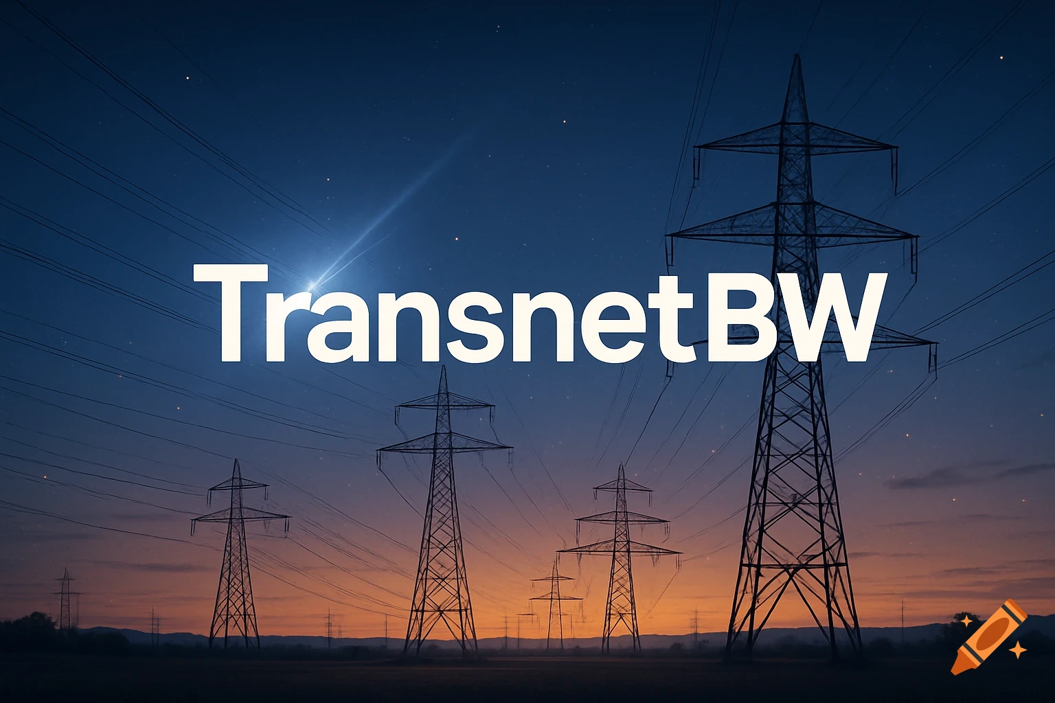 Photorealistic image of electricity pylons and power lines against a twilight sky, with the text 'TransnetBW' emblazoned across the scene.