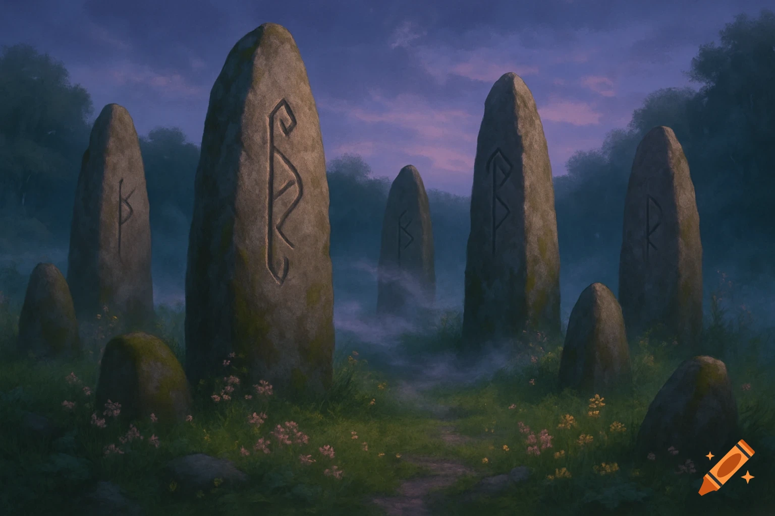A mystical forest path winds through mist-shrouded ancient standing stones with carved runes under a purple twilight sky.