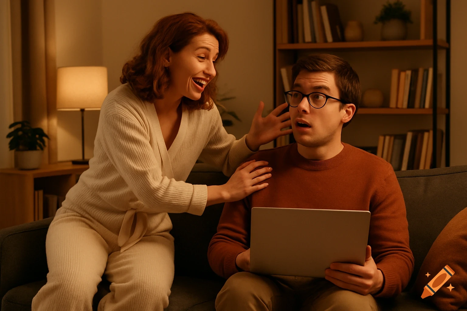 A smiling woman in home clothes touches a surprised man with glasses holding a laptop in a cozy living room.