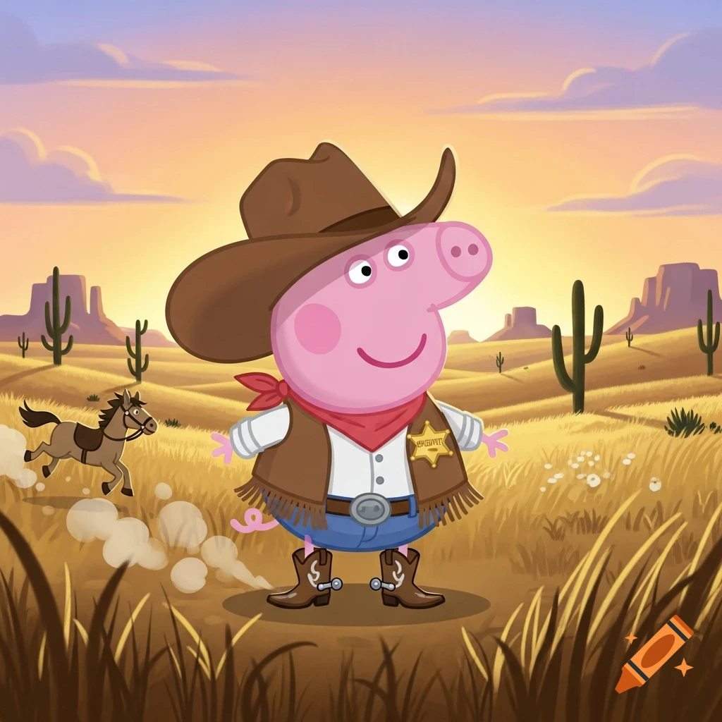 Peppa Pig, dressed as a cowboy with a hat, vest, and boots, stands in a desert landscape with cacti and a running horse.