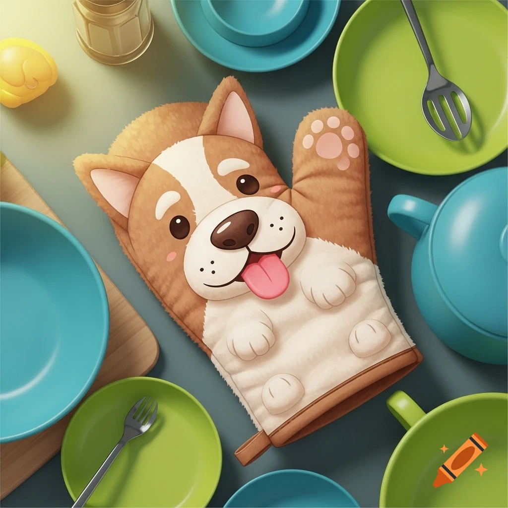 A whimsical, cartoon-style oven mitt shaped like a happy brown and white dog, surrounded by colorful kitchen dishes.