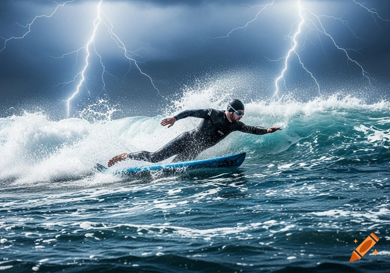 A person in a black wetsuit surfs a wave in a stormy ocean with lightning in the dark sky.