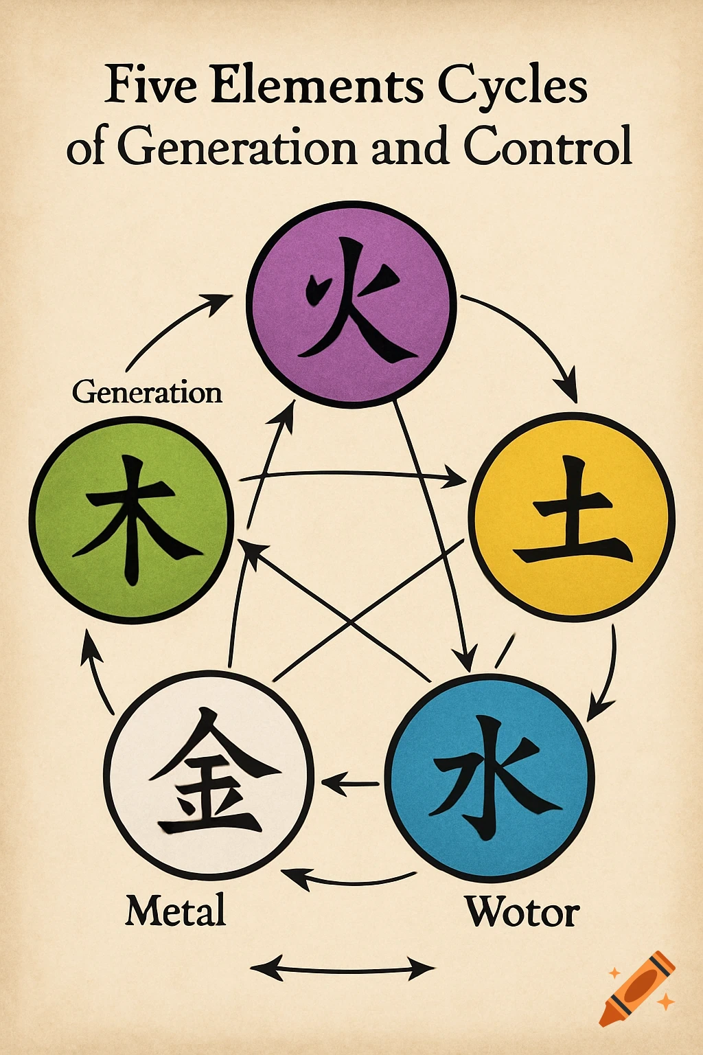 A diagram illustrating the Five Elements Cycles of Generation and Control with colored circles and arrows.