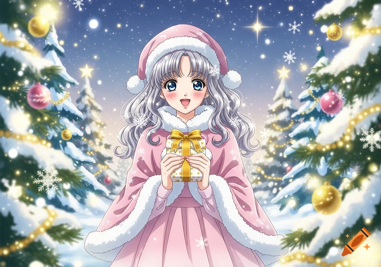 Happy anime girl in a pink Santa cloak and hat, holding a gift in a snowy forest with decorated Christmas trees.
