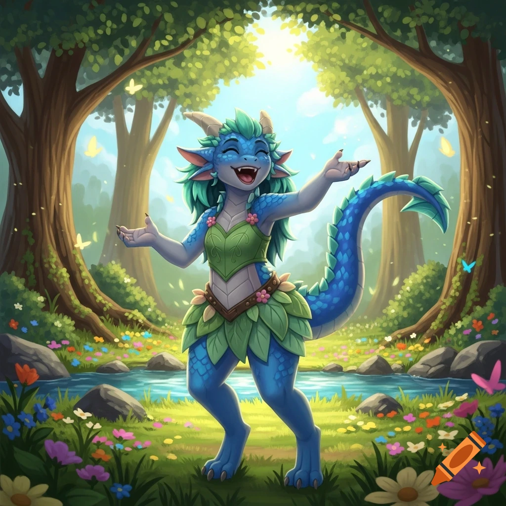 A happy blue dragonborn girl with green hair and a leaf outfit stands with open arms in a vibrant, sunlit forest with flowers and a stream.