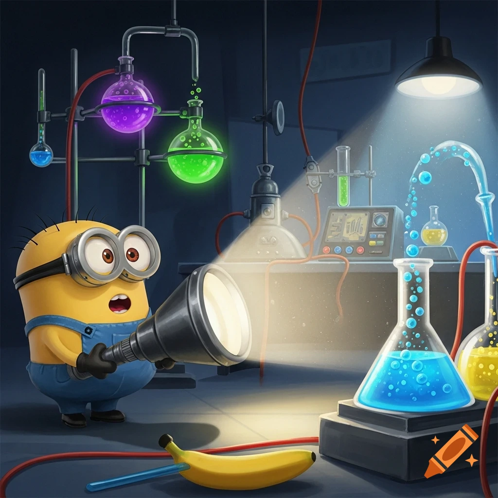 A surprised cartoon Minion holds a flashlight in a dimly lit science lab with glowing, bubbling beakers and test tubes, with a banana on the floor.