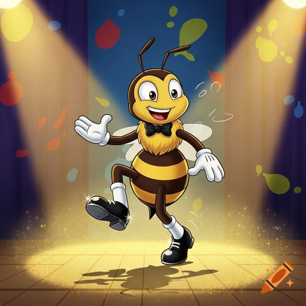A cheerful cartoon honeybee in a bow tie and tap shoes dances on a sparkling stage.