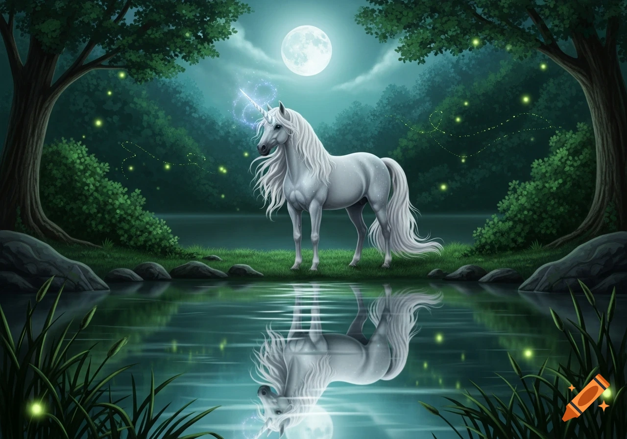 A white magical unicorn stands by a moonlit lake in a dark green forest ...