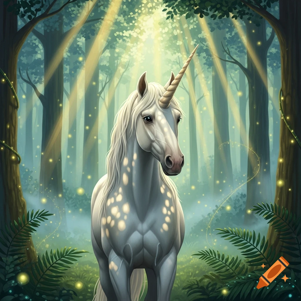 A majestic white unicorn with a golden horn stands in a sunlit ...