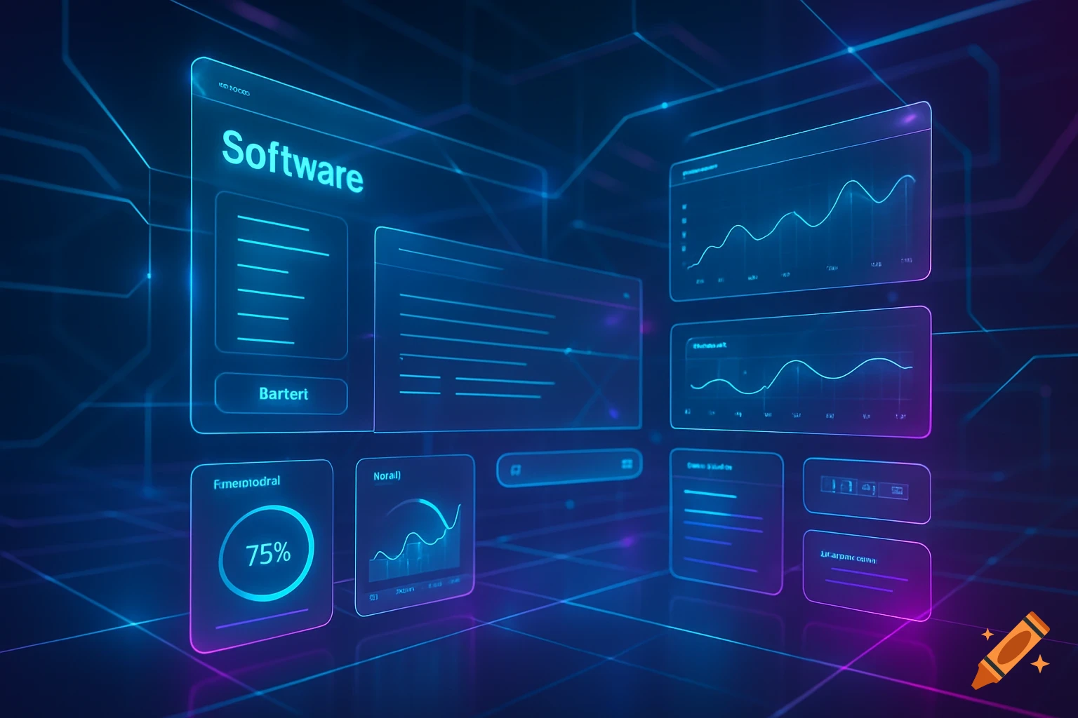 A futuristic digital user interface with glowing blue and purple holographic screens displaying charts, data, and the word 'Software'.
