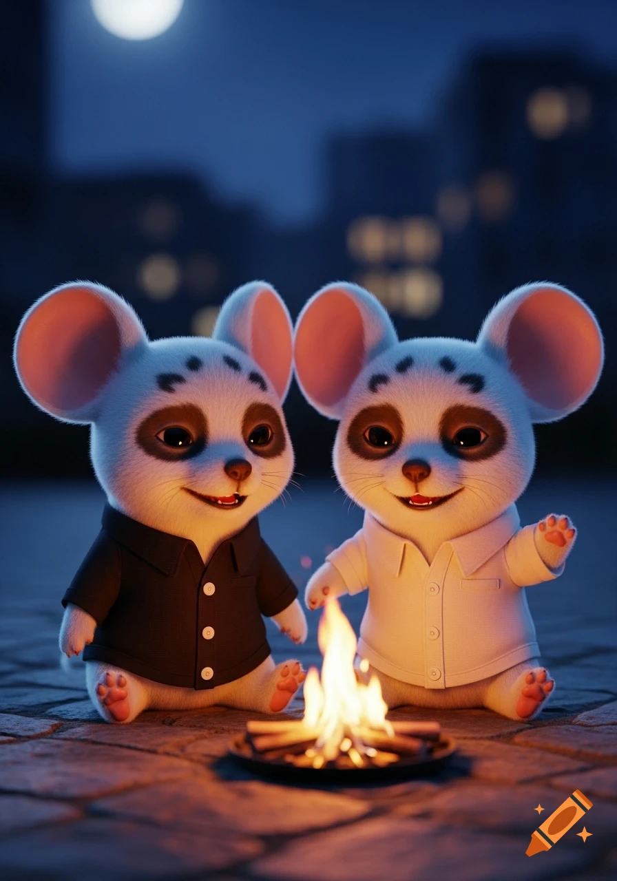 Two cute anthropomorphic mice in shirts sitting by a campfire at night under the moonlight, looking happy in a 3D style.