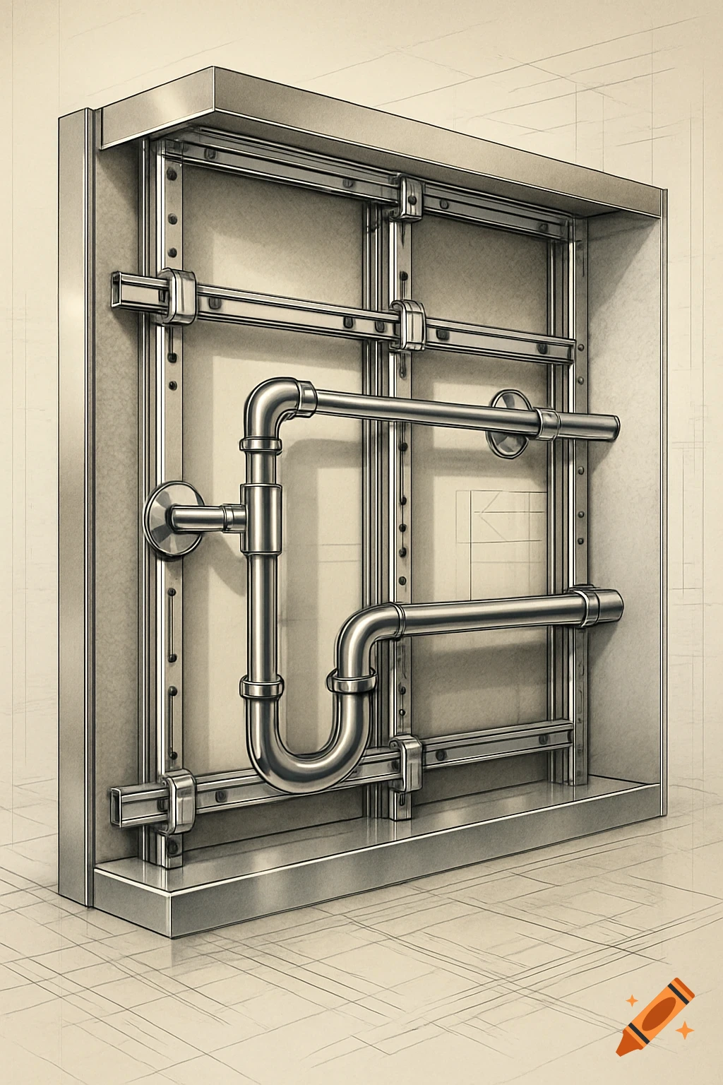 Monochrome technical drawing of a wall-mounted plumbing rail system with pipes.