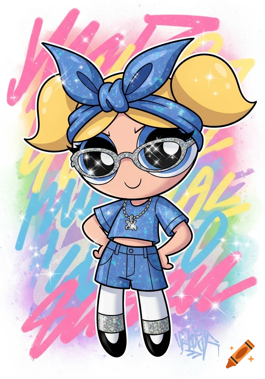 Cartoon illustration of Bubbles from Powerpuff Girls in a glam, early 2000s outfit with glittery accessories and a graffiti background.