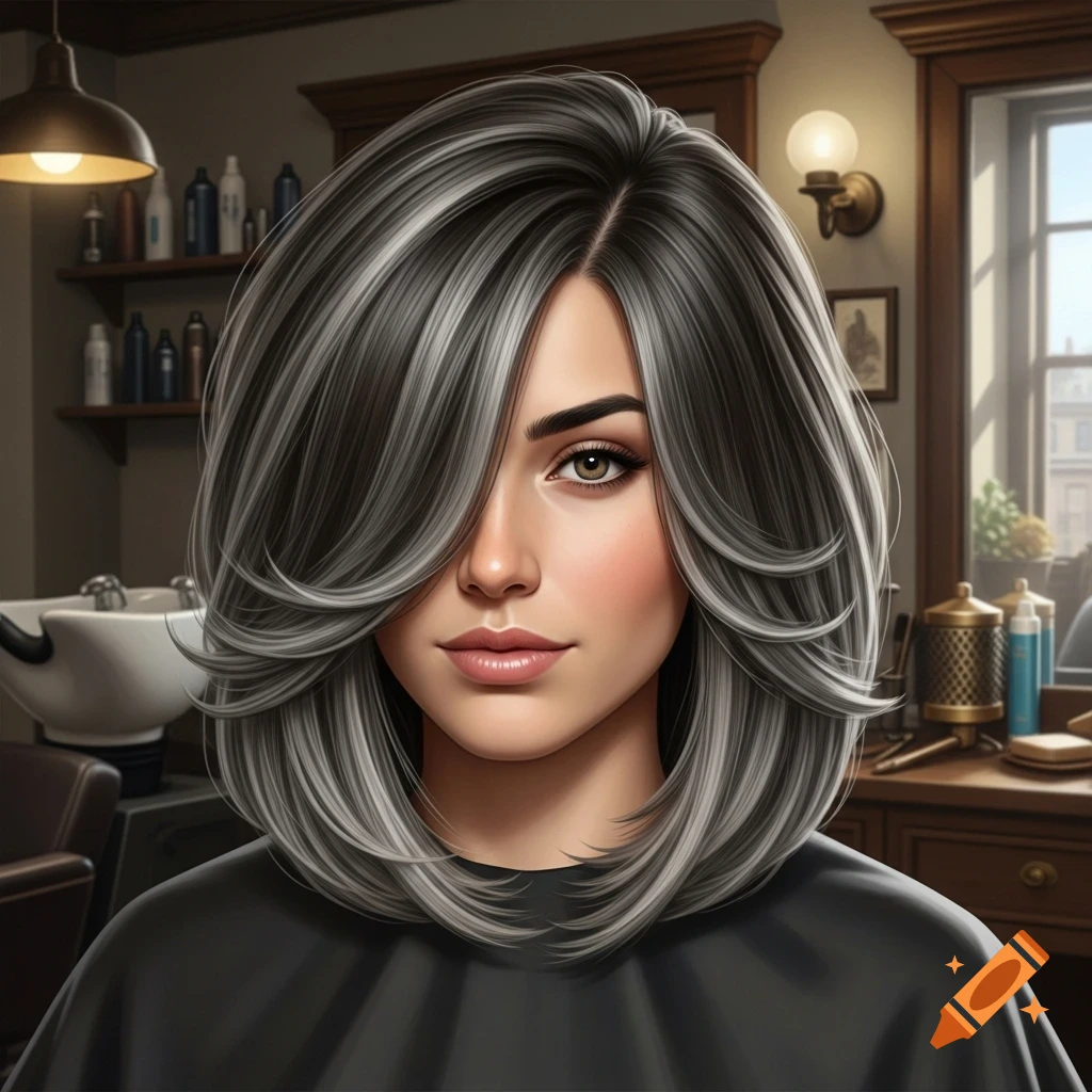 A woman with a stylish, layered bob haircut with dark hair and gray streaks looks directly forward in a hair salon.