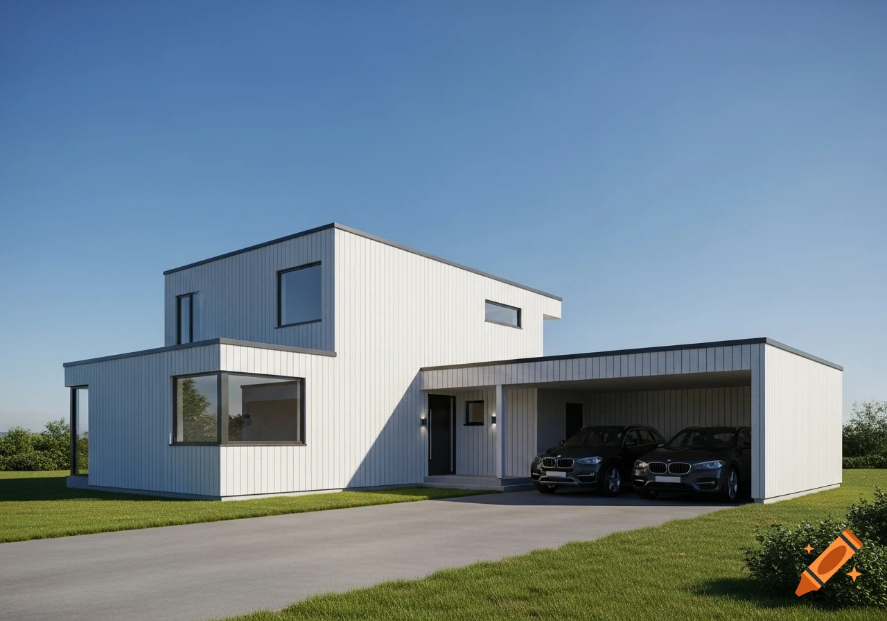 A modern white house with a flat roof and an integrated carport sheltering two dark cars on a sunny day.