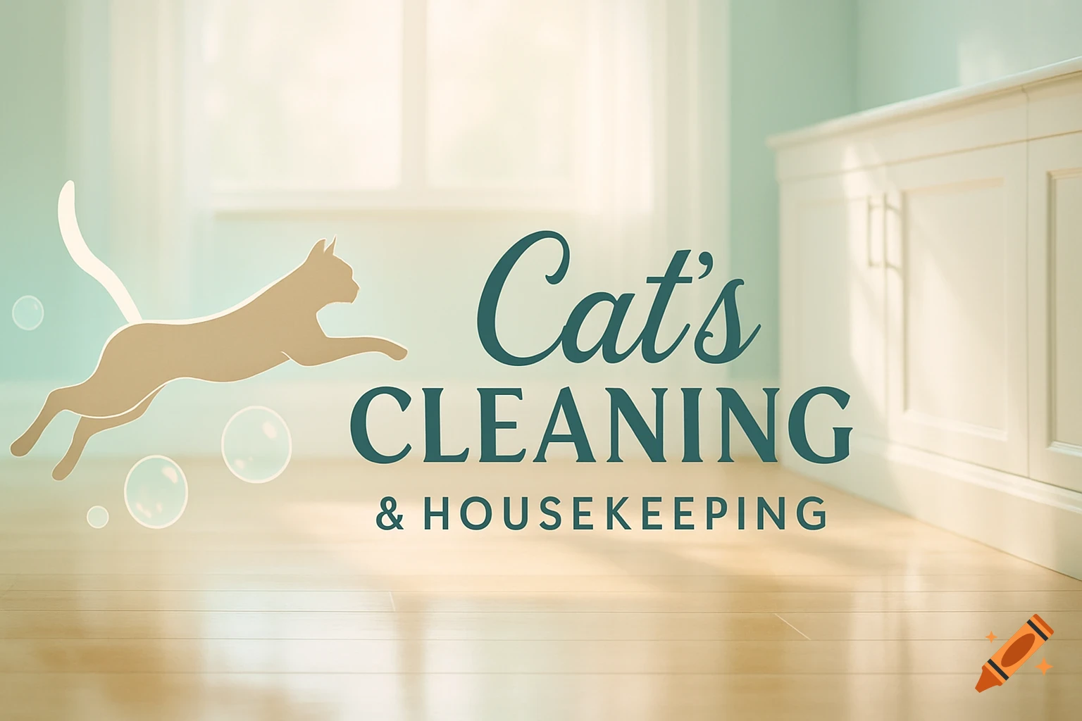 Stylized beige cat silhouette jumping with bubbles and text 'Cat's Cleaning & Housekeeping' in a bright room.