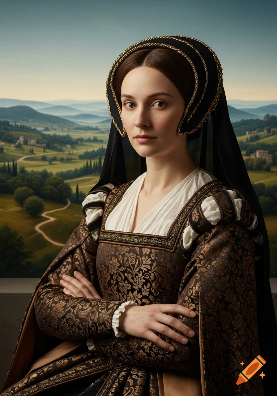A woman in a dark brown Renaissance-era dress with gold patterns and an elaborate headpiece stands with crossed arms against a scenic rolling landscape.