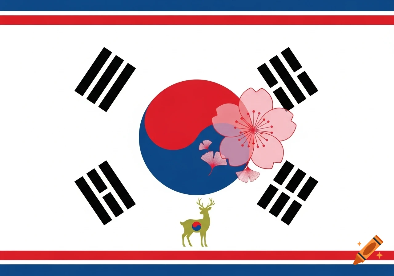 A stylized flag featuring the South Korean Taegeuk symbol, with cherry blossoms, ginkgo leaves, and a deer silhouette, framed by red and blue stripes.