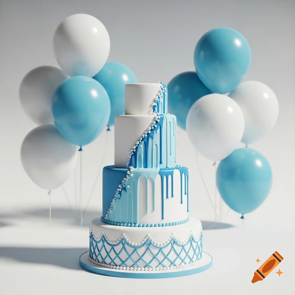 A photorealistic tiered cake decorated with white, blue, and light blue icing, pearls, and lattice work, set against white and blue balloons on a white background.