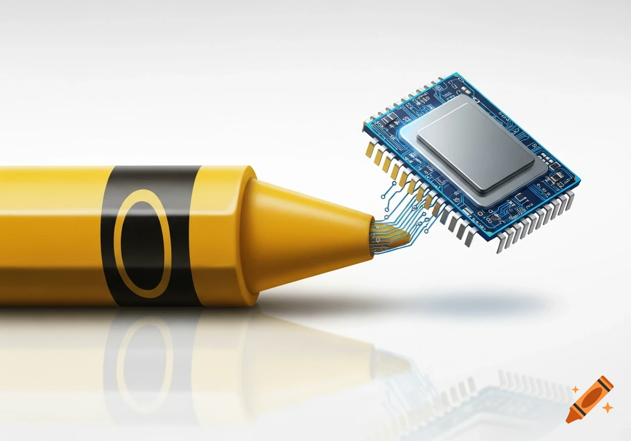 A yellow crayon with a glowing circuit board and chip as its tip, in a realistic 3D render.