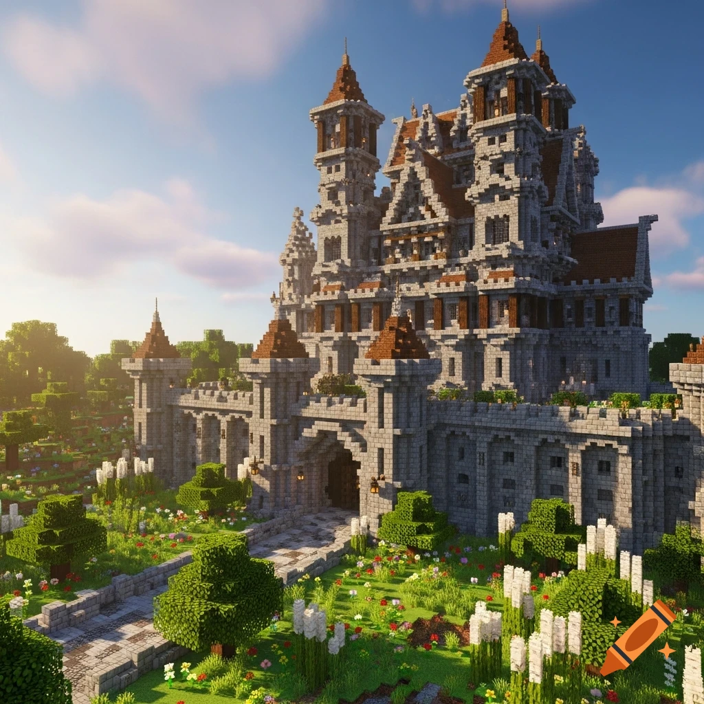 A grand, intricate Minecraft castle built from stone bricks and reddish-brown roofs, set in a lush green landscape under a sunny sky.