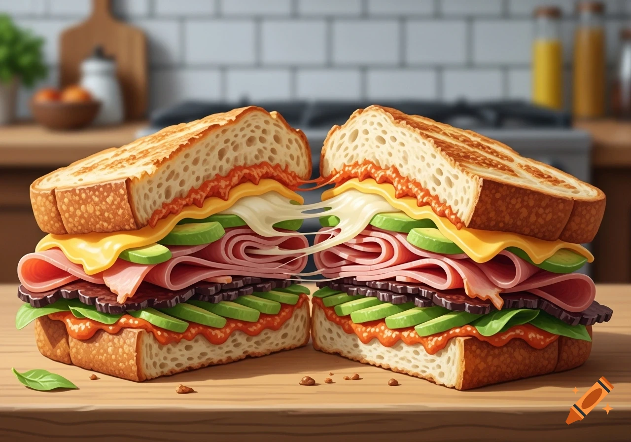 A large, halved toasted sourdough sandwich on a wooden table, revealing layers of ham, avocado, and melted cheese pulling apart.