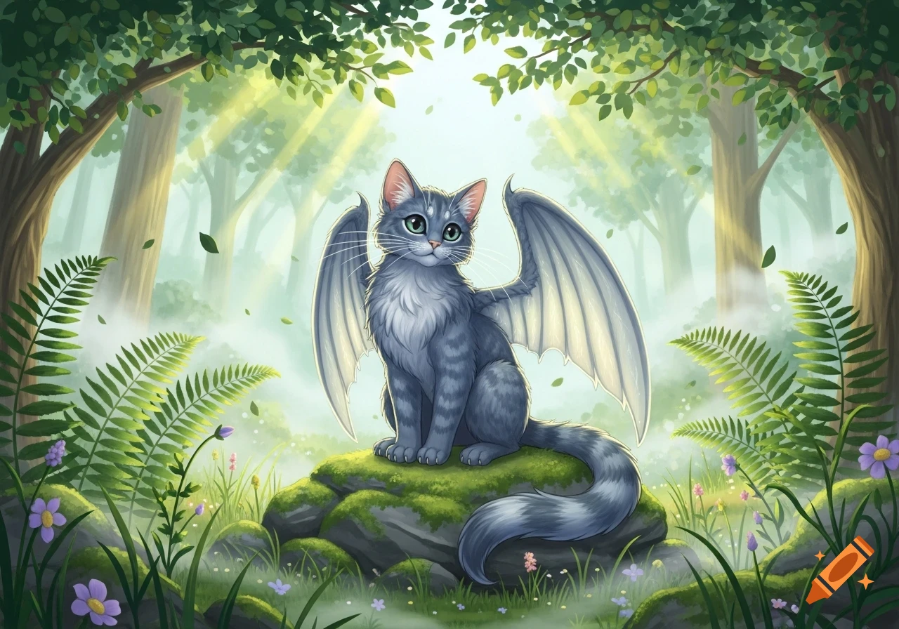 A grey cat with bat-like wings sits on a mossy rock in a sun-dappled ...
