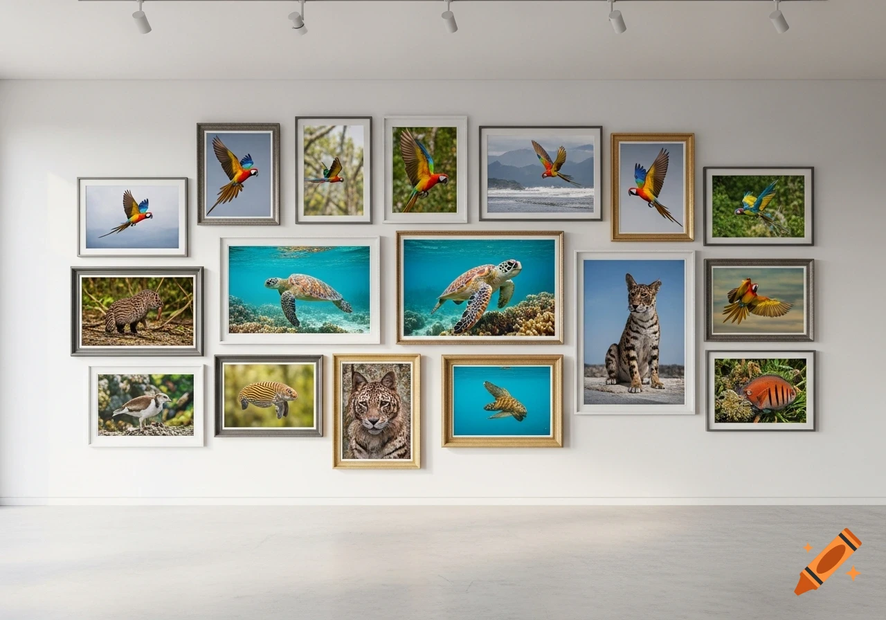 A white wall covered with various framed photorealistic wildlife pictures, including parrots, sea turtles, and a cat.