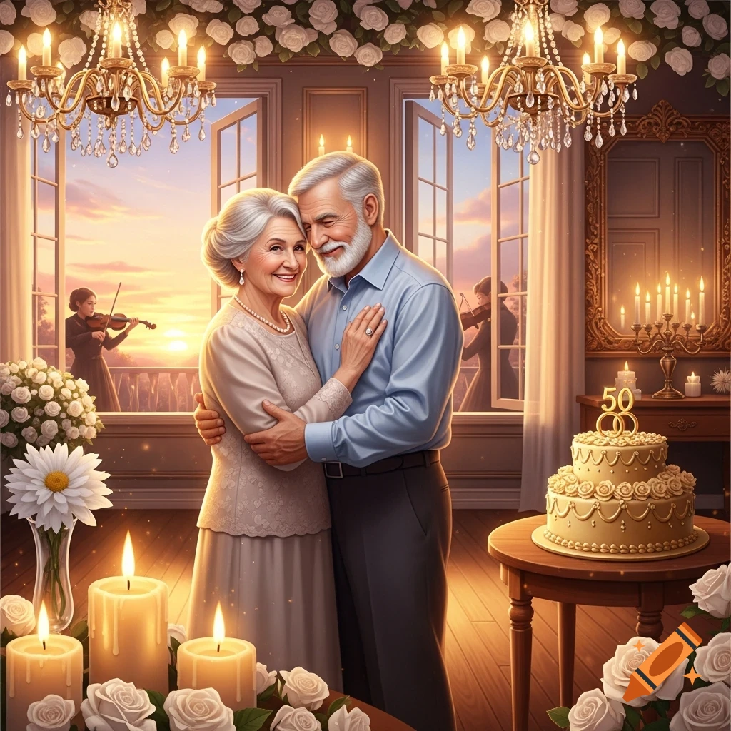 An elderly couple embraces in an elegant room, celebrating their 50th anniversary with a cake, candles, flowers, and sunset views.