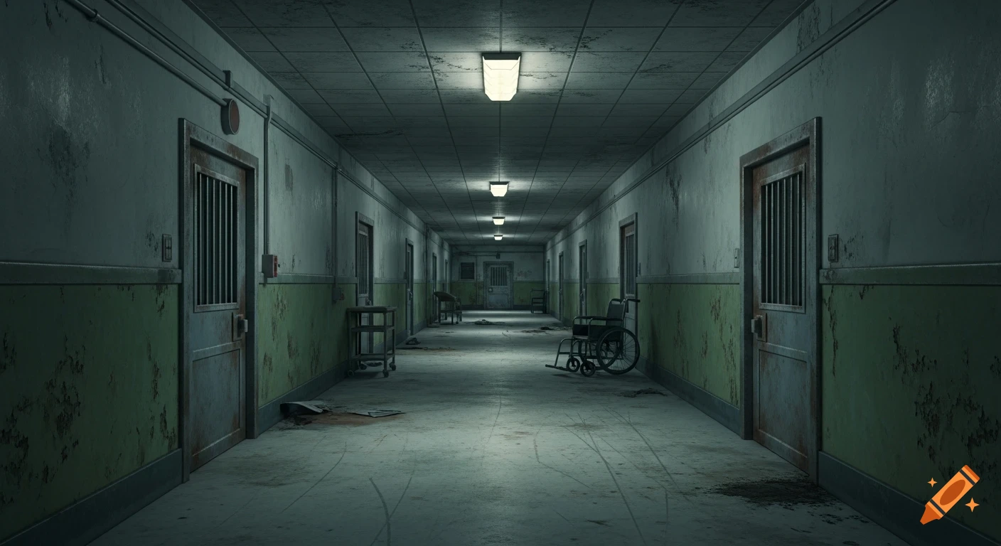 A long, dark, and eerie hallway of an abandoned asylum with peeling green paint, dirty floors, and a wheelchair.