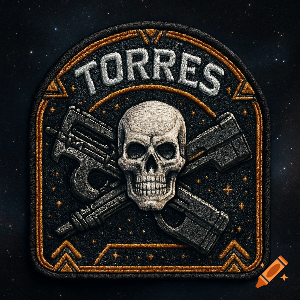 An embroidered tactical patch featuring a skull over two crossed P90 submachine guns and the word "TORRES".