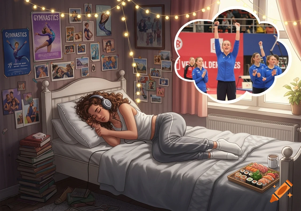 An illustration of a girl with curly hair sleeping in bed, wearing headphones, dreaming of winning a gymnastics competition. Her room has posters and string lights. Sushi is on a tray next to her.