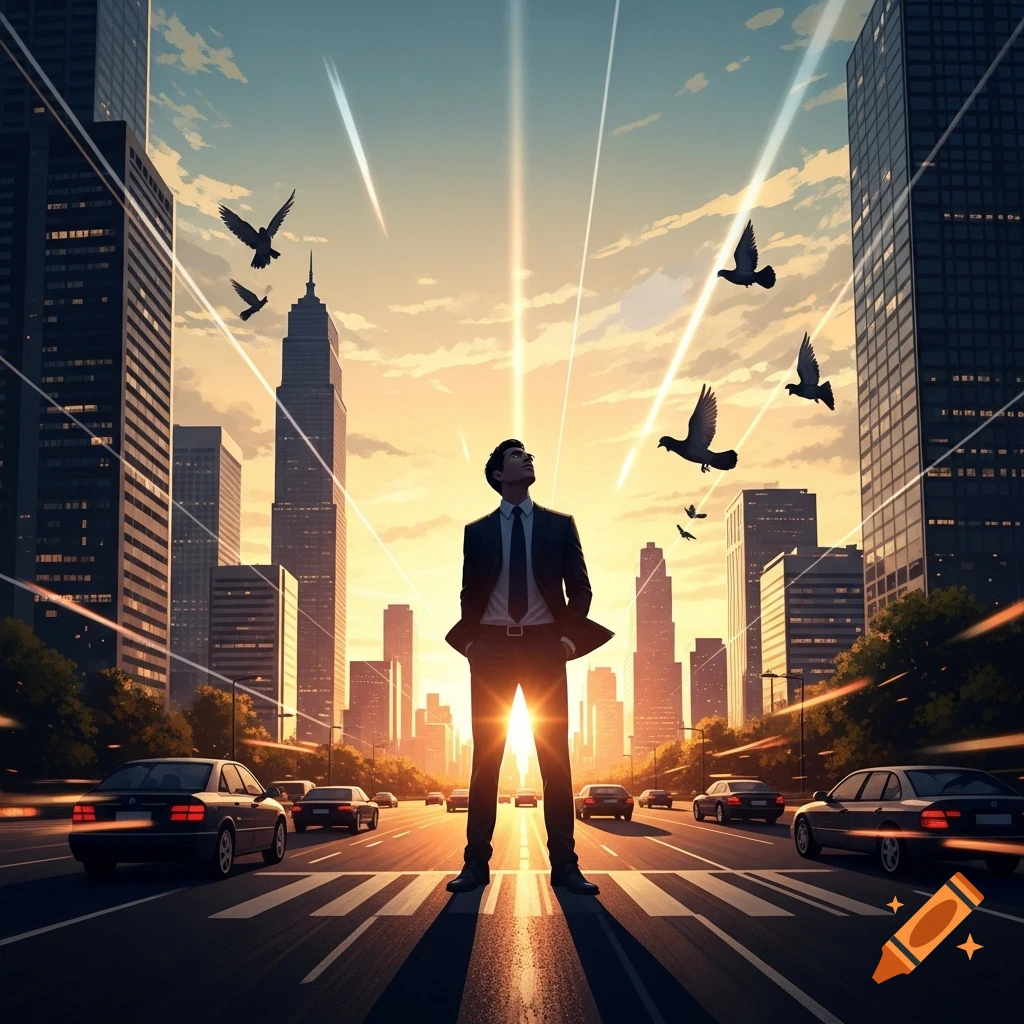 A man in a suit stands in the middle of a city street at sunset, looking up as birds fly amidst light rays.