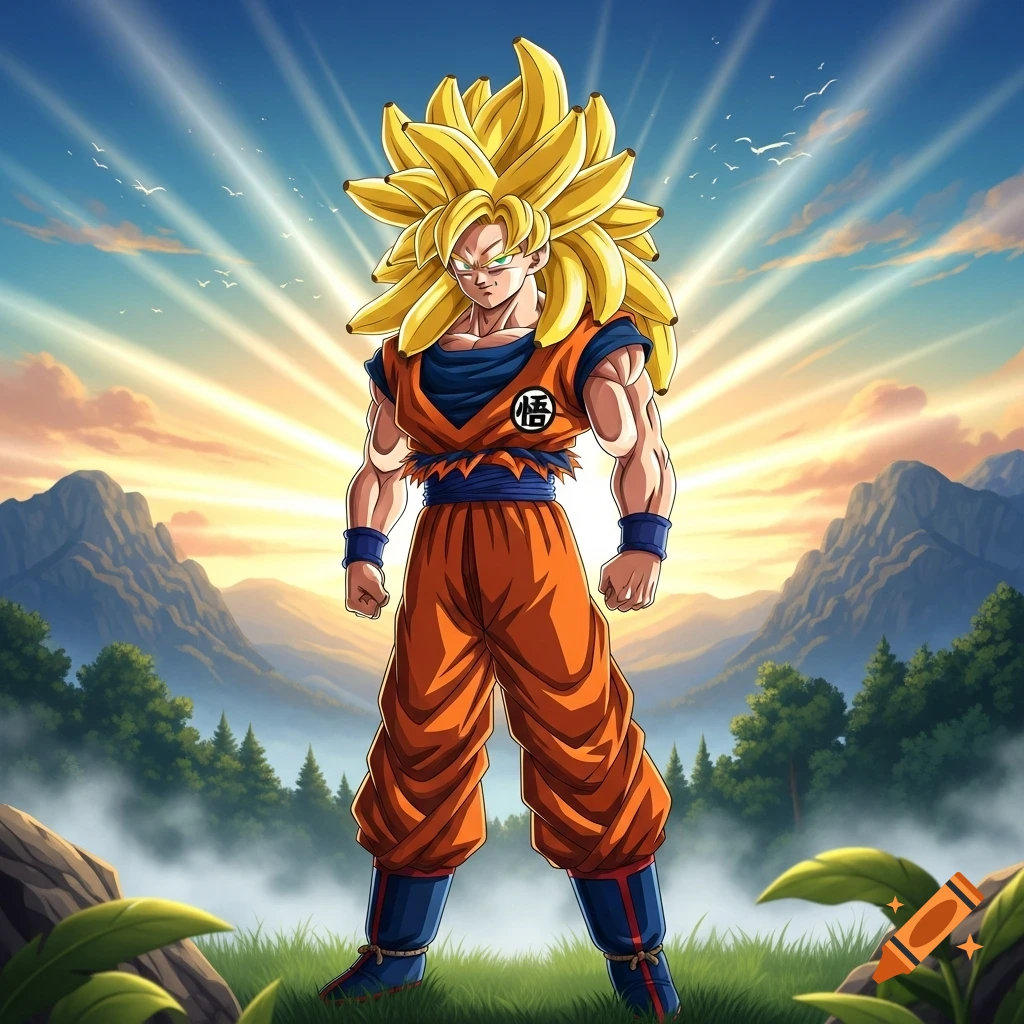 Anime-style Goku with spiky banana hair stands in a mountain landscape at sunrise.