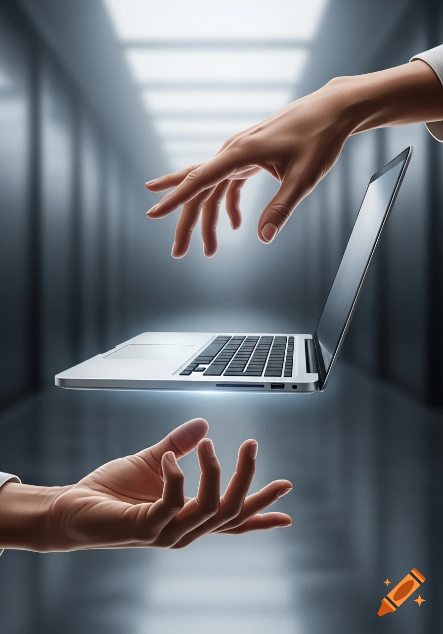 Two human hands reaching for a floating silver laptop in a minimalist, blurred background.