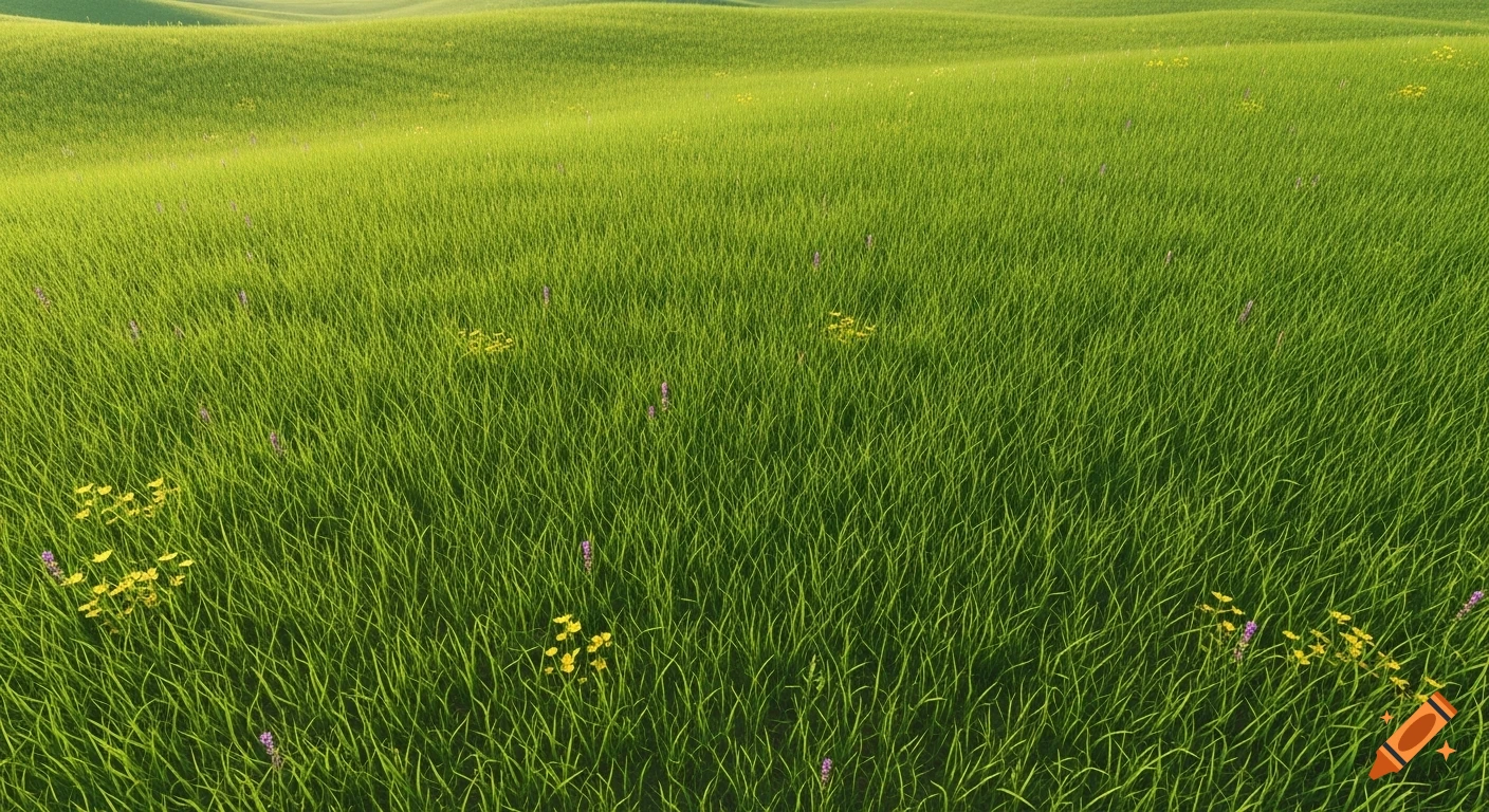 A vibrant green grassy field with small yellow and purple flowers, viewed from a slightly elevated perspective.
