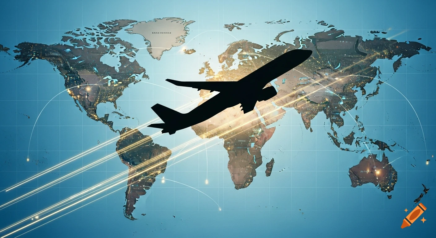 A black airplane silhouette flies over a world map depicting glowing city lights and golden connecting lines, symbolizing global travel.