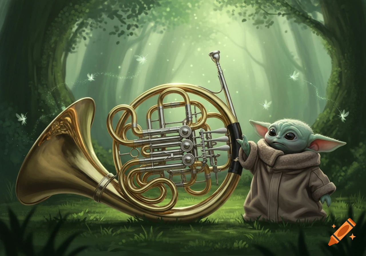 Digital art of Grogu from Star Wars standing next to a large, golden French horn in an enchanted forest with glowing fairies.