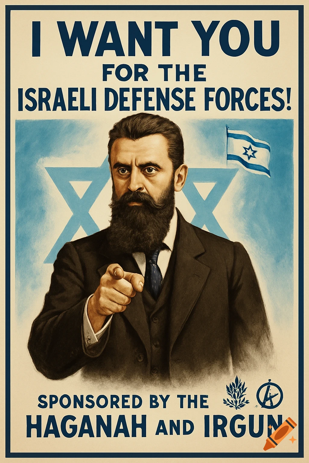 Vintage recruitment poster depicting Theodor Herzl in a suit pointing at the viewer, with a Star of David and Israeli flag in the background. Text reads "I WANT YOU FOR THE ISRAELI DEFENSE FORCES!" and "SPONSORED BY THE HAGANAH AND IRGUN".