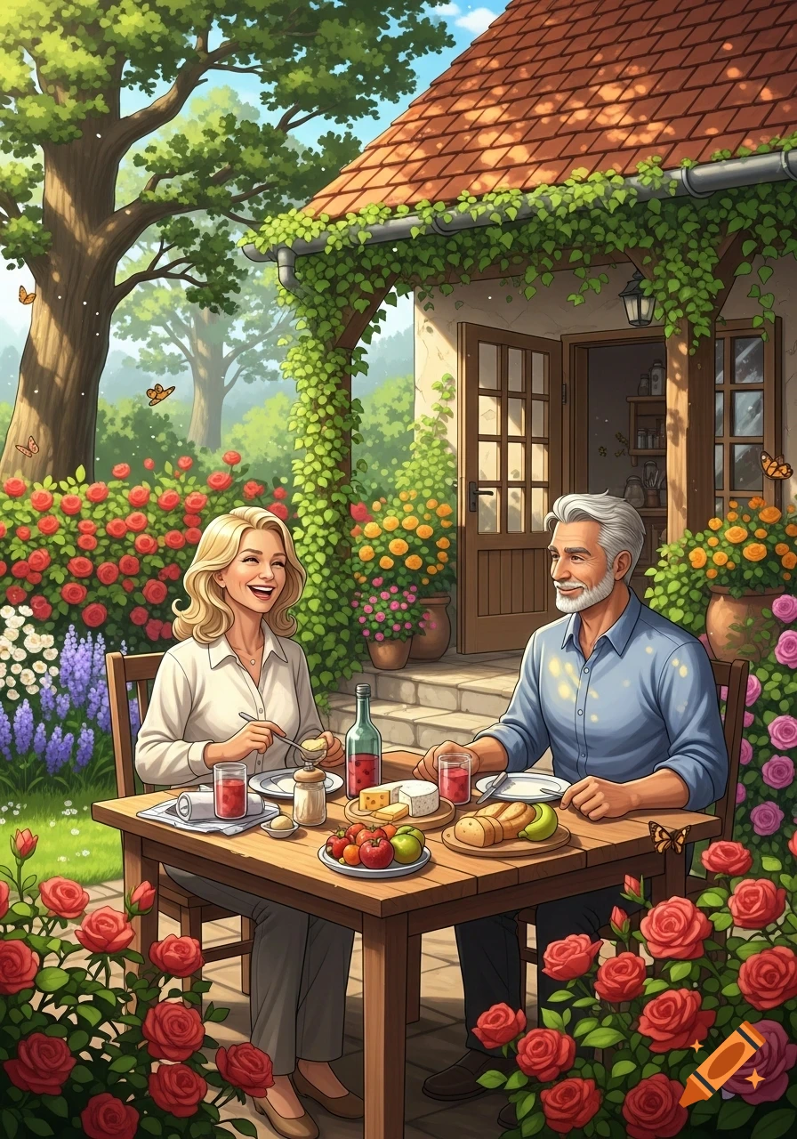 A happy blonde woman and a gray-haired man share a meal at a wooden table in a vibrant, blooming garden next to a charming house.
