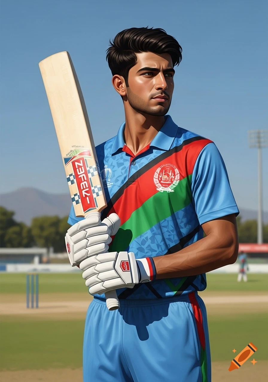 Young Afghan male cricketer in national team jersey, holding a bat on a sunny field in a realistic style.