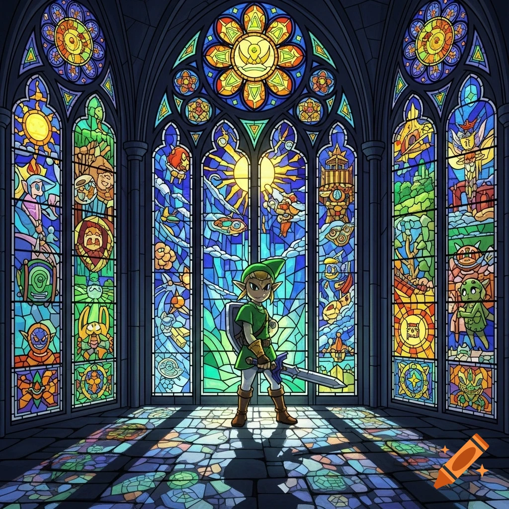 Link from Wind Waker stands in a cathedral-like hall, surrounded by vibrant stained glass windows featuring characters and elements from the game.