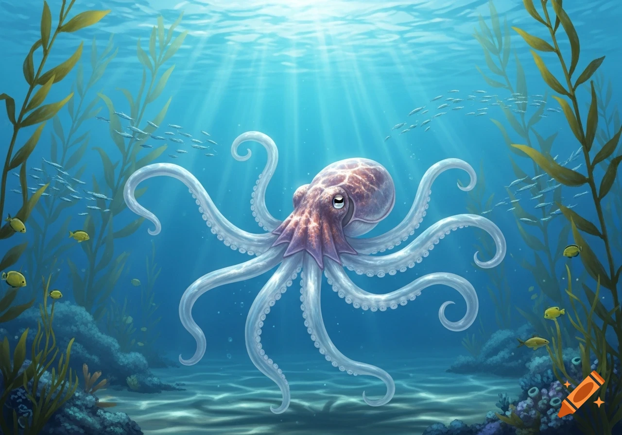 An artistic illustration of an octopus swimming in clear blue ocean water with sunlight filtering from above, surrounded by seaweed, coral, and small fish.