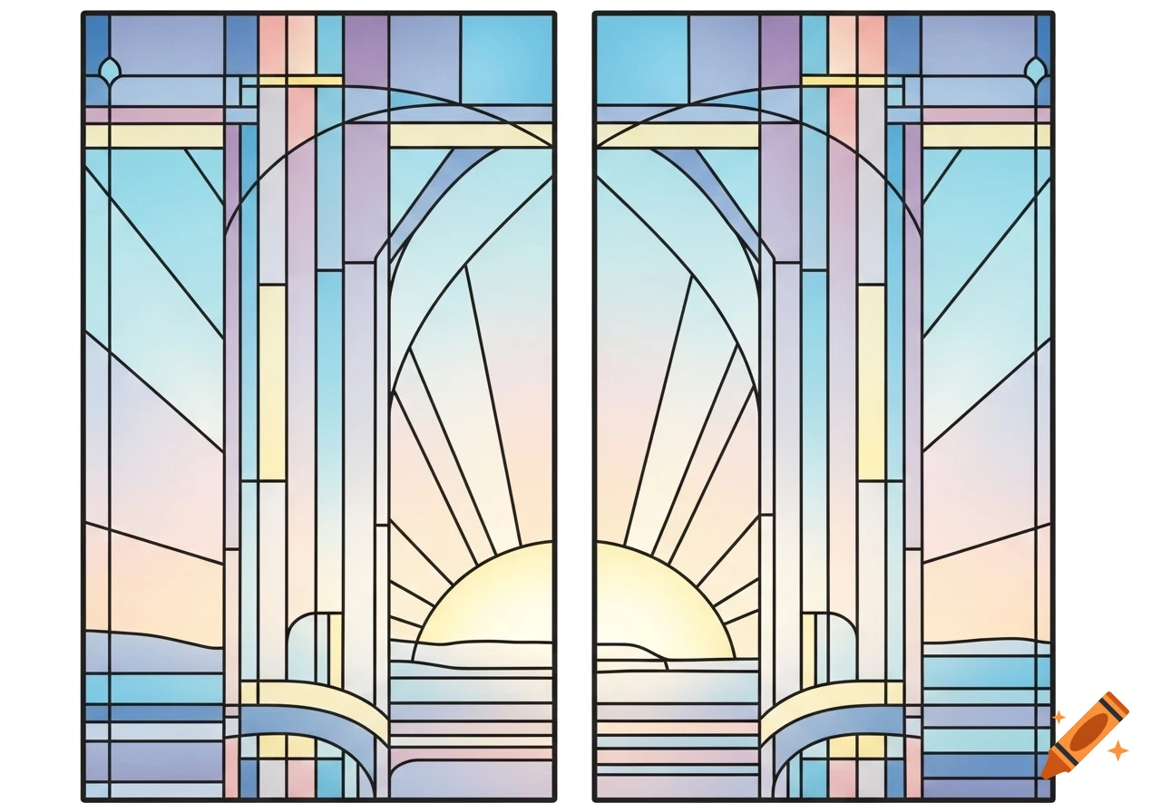 Two panel rectangular stained glass window art in pastel colors, featuring an Art Deco sunrise design.