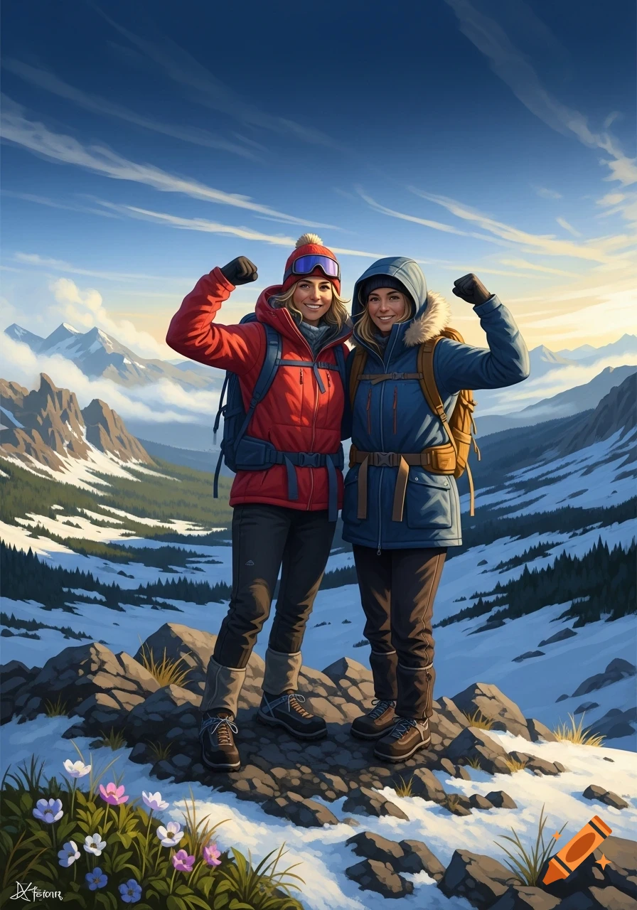 Two smiling women in winter hiking gear flex their arms on a rocky, snowy mountain peak under a blue sky, stylized art.