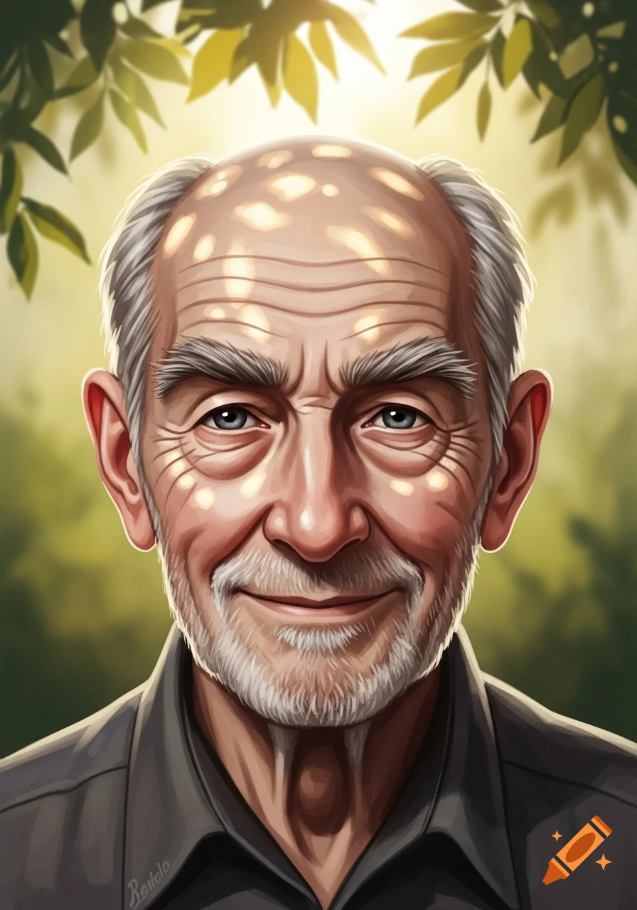 A digital painting portrait of a smiling old man with a grey beard, under dappled sunlight and green leaves.