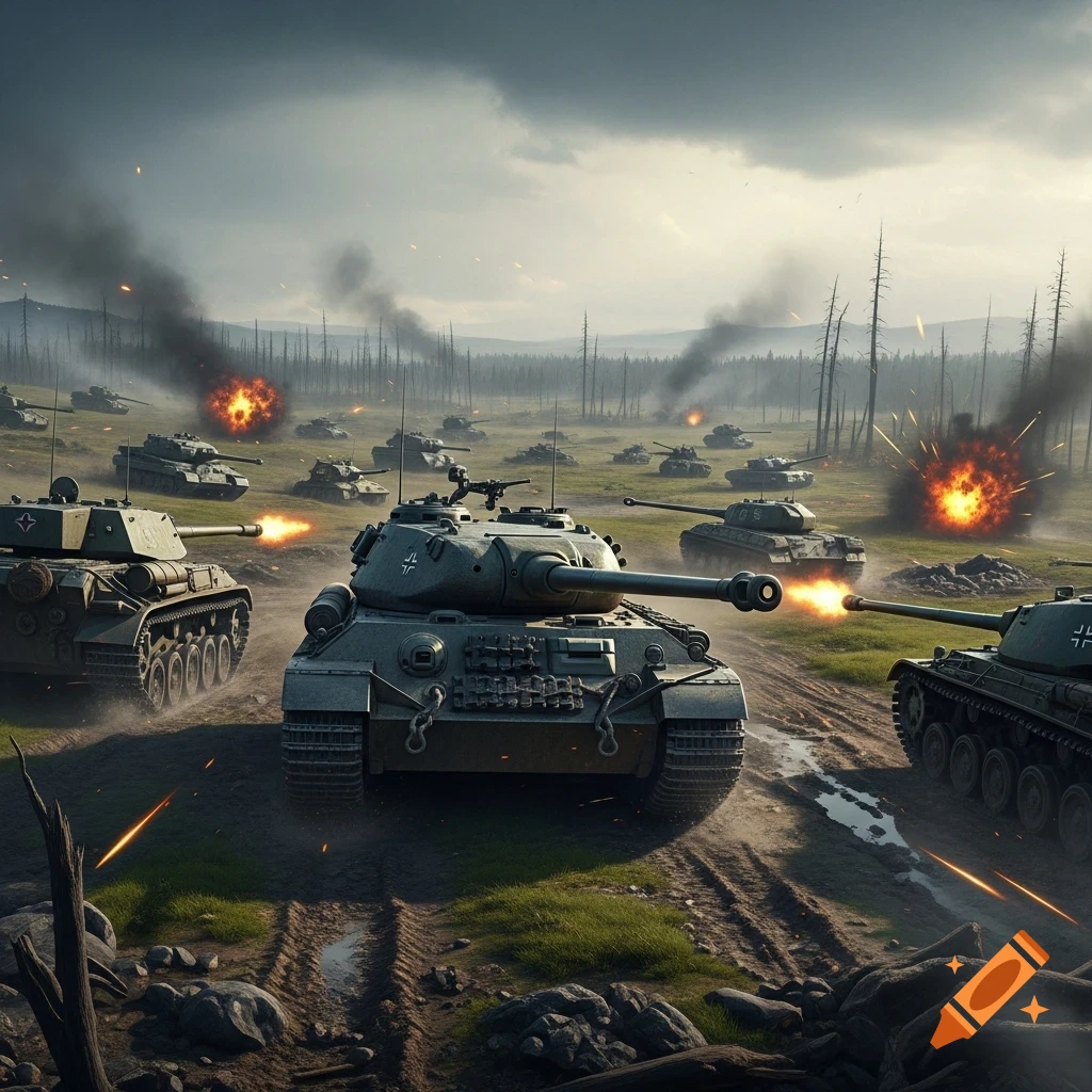 Photorealistic image of numerous tanks engaged in a battle in a grassy field with explosions and smoke under a cloudy sky.